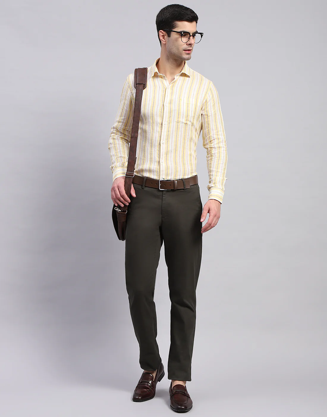 Men Yellow Stripe Collar Full Sleeve Linen Shirt - Image 2