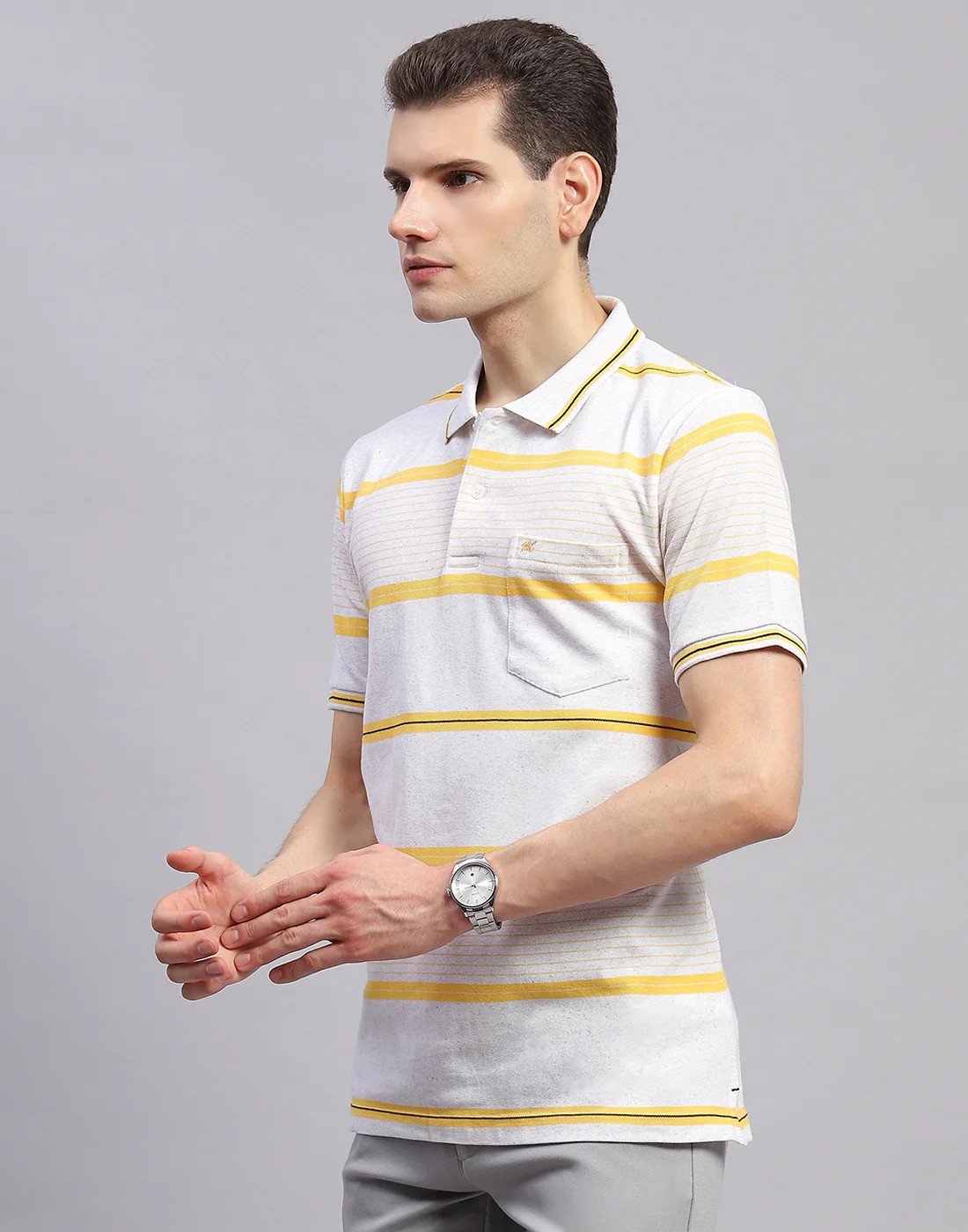 Men Yellow Stripe Collar Half Sleeve T-Shirt - Image 3
