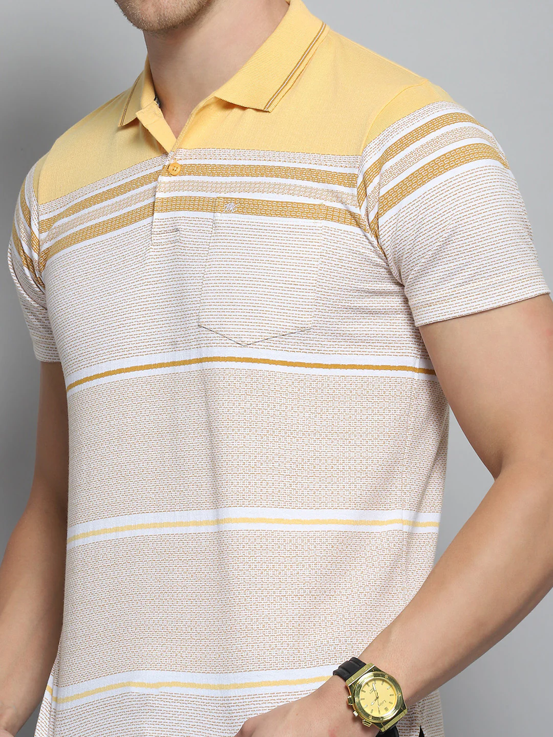 Men Yellow Stripe Collar Half Sleeve T-Shirt - Image 6