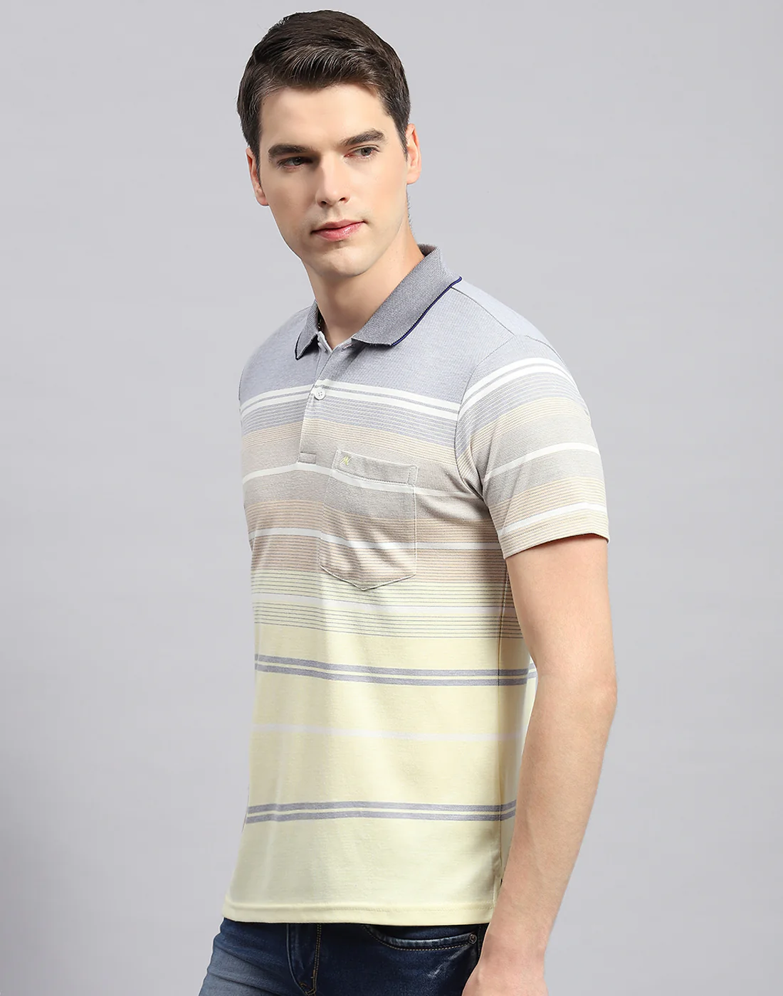 Men Yellow Stripe Collar Neck Half Sleeve T-Shirt - Image 3