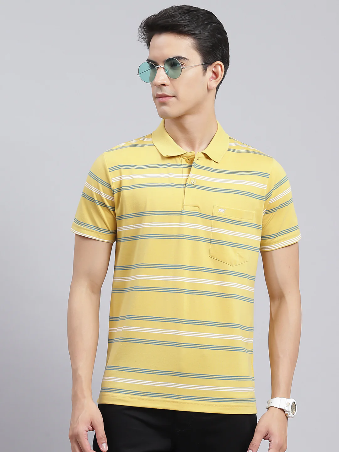 Men Yellow Stripe Cotton Blend T-Shirt - Image 2