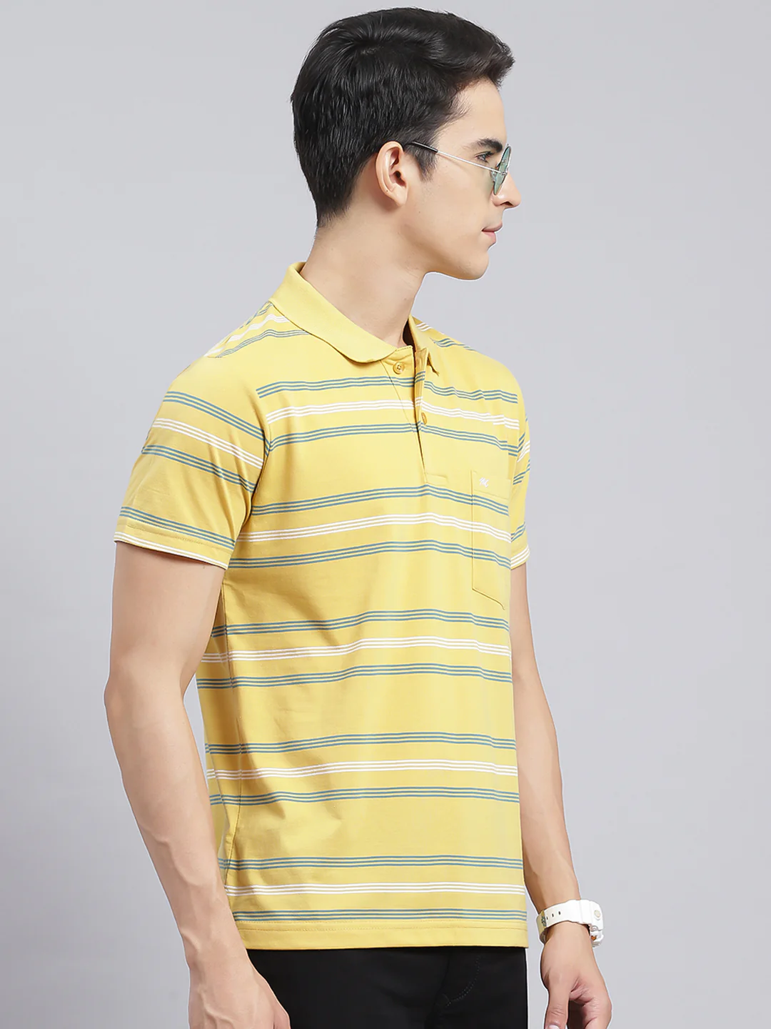 Men Yellow Stripe Cotton Blend T-Shirt - Image 3