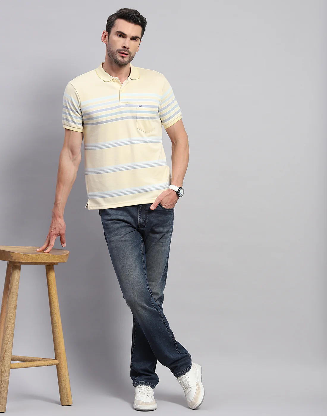 Men Yellow Stripe Polo Collar Half Sleeve T-Shirt - Image 2