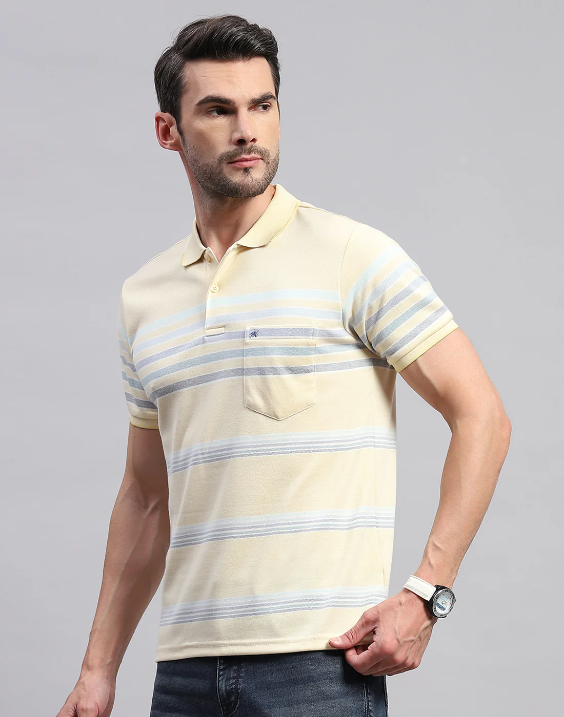 Men Yellow Stripe Polo Collar Half Sleeve T-Shirt - Image 3