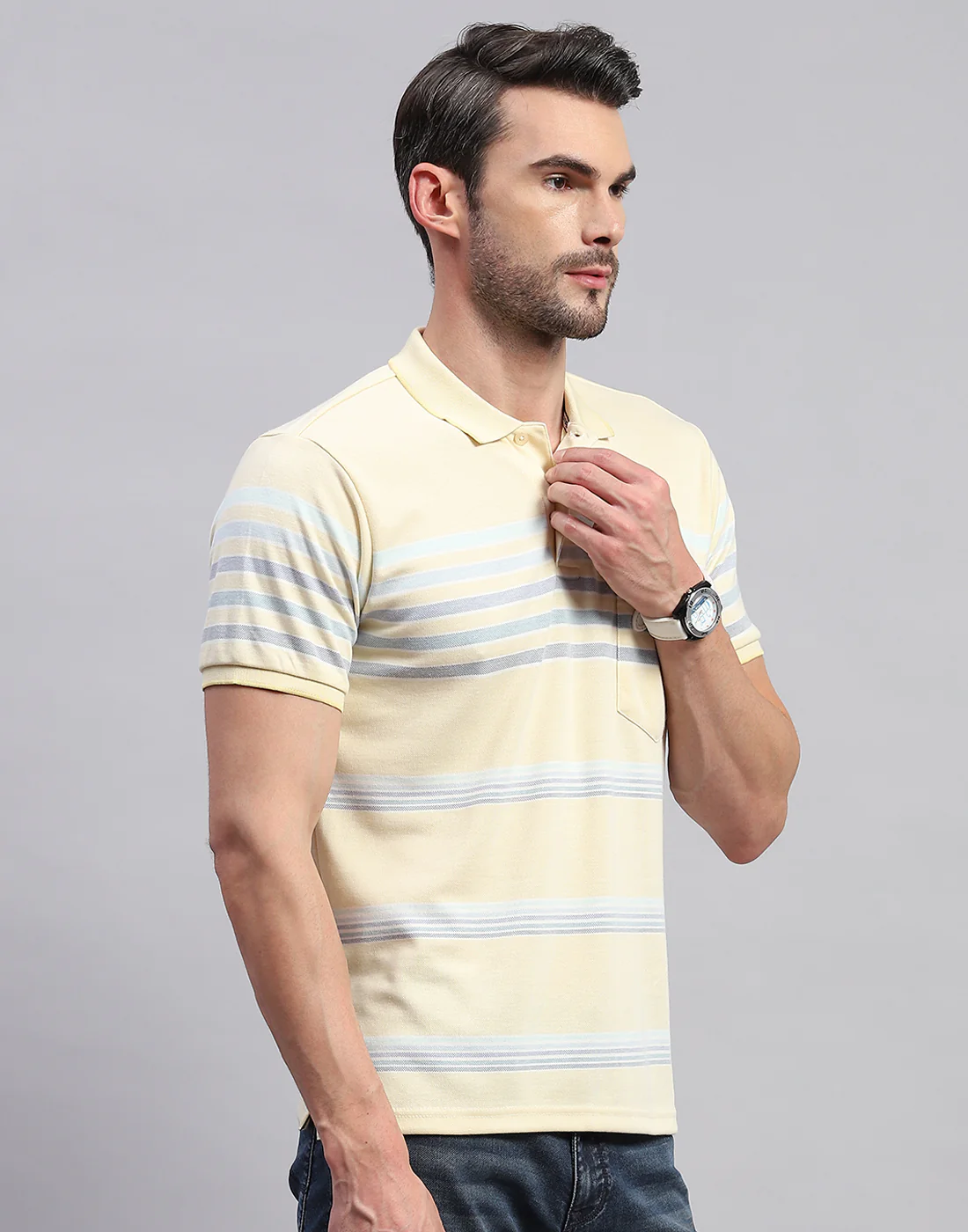 Men Yellow Stripe Polo Collar Half Sleeve T-Shirt - Image 4