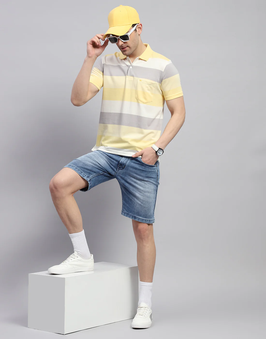 Men Yellow Stripe Polo Collar Half Sleeve T-Shirt