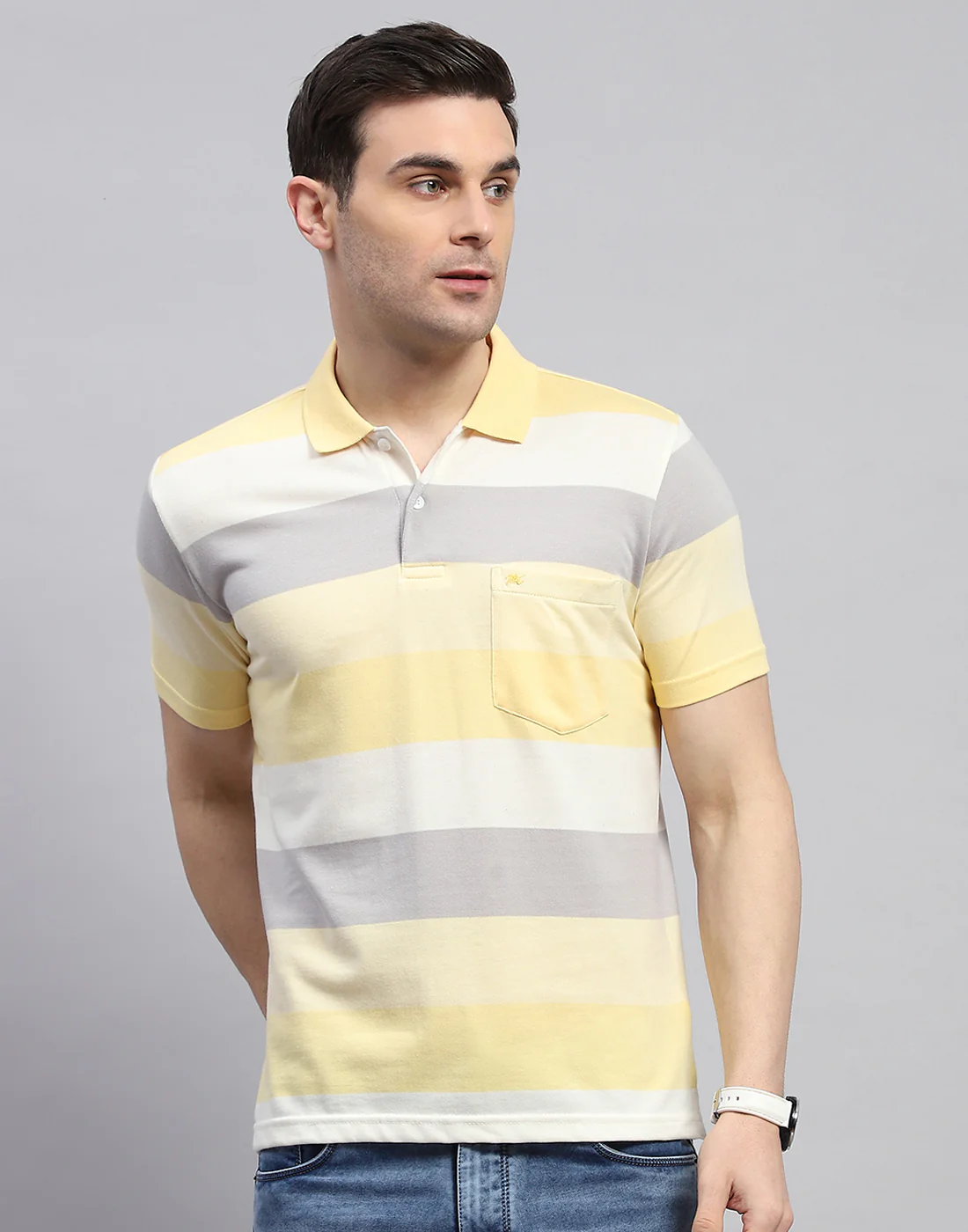 Men Yellow Stripe Polo Collar Half Sleeve T-Shirt - Image 2