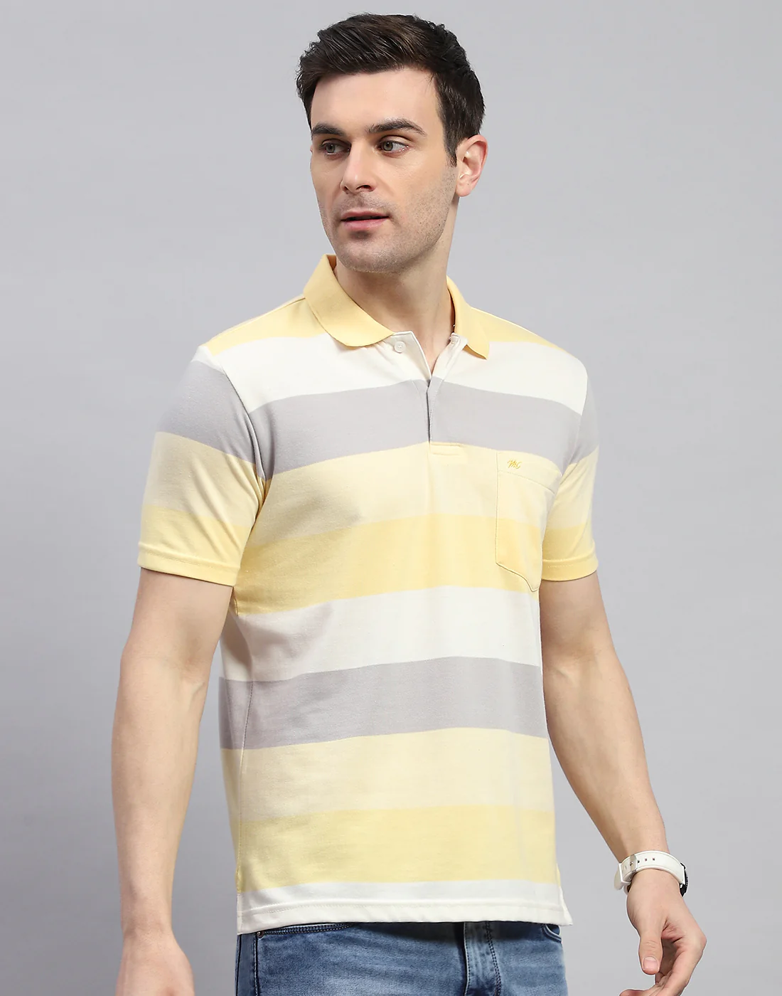 Men Yellow Stripe Polo Collar Half Sleeve T-Shirt - Image 4