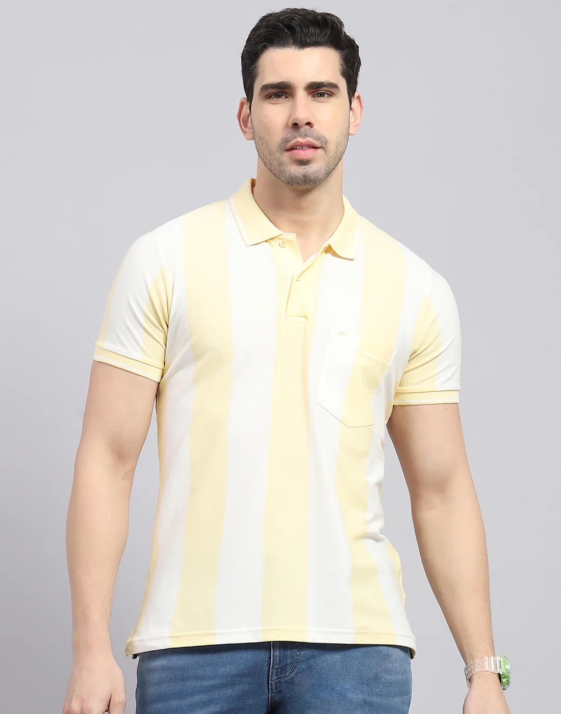 Men Yellow Stripe Polo Collar Half Sleeve T-Shirt - Image 3