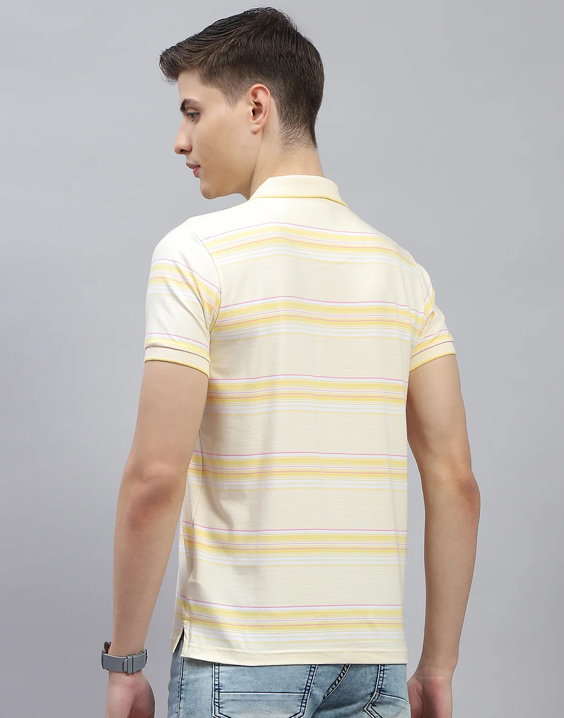 Men Yellow Stripe Polo Collar Half Sleeve T-Shirt - Image 6