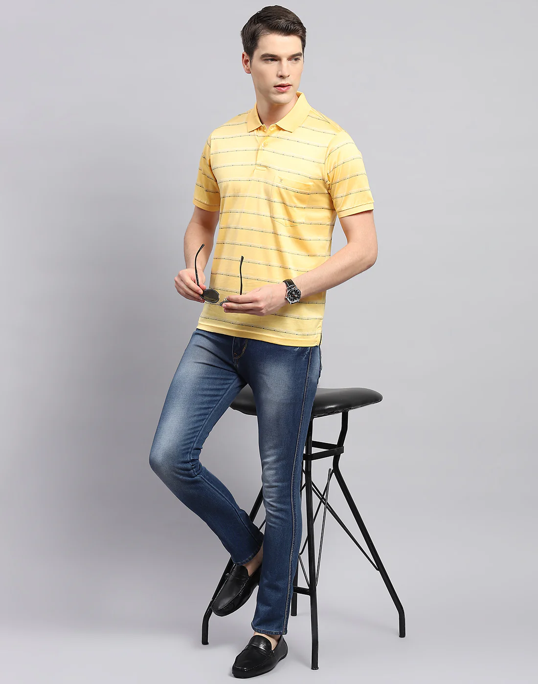 Men Yellow Stripe Polo Collar Half Sleeve T-Shirt - Image 2