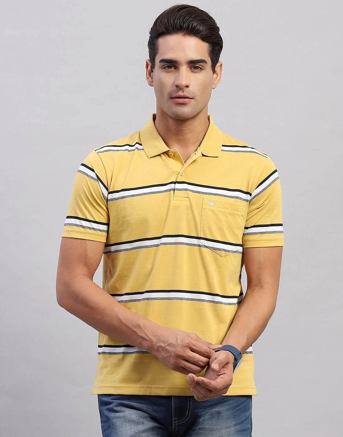 Men Yellow Stripe Polo Collar Half Sleeve T-Shirt - Image 2