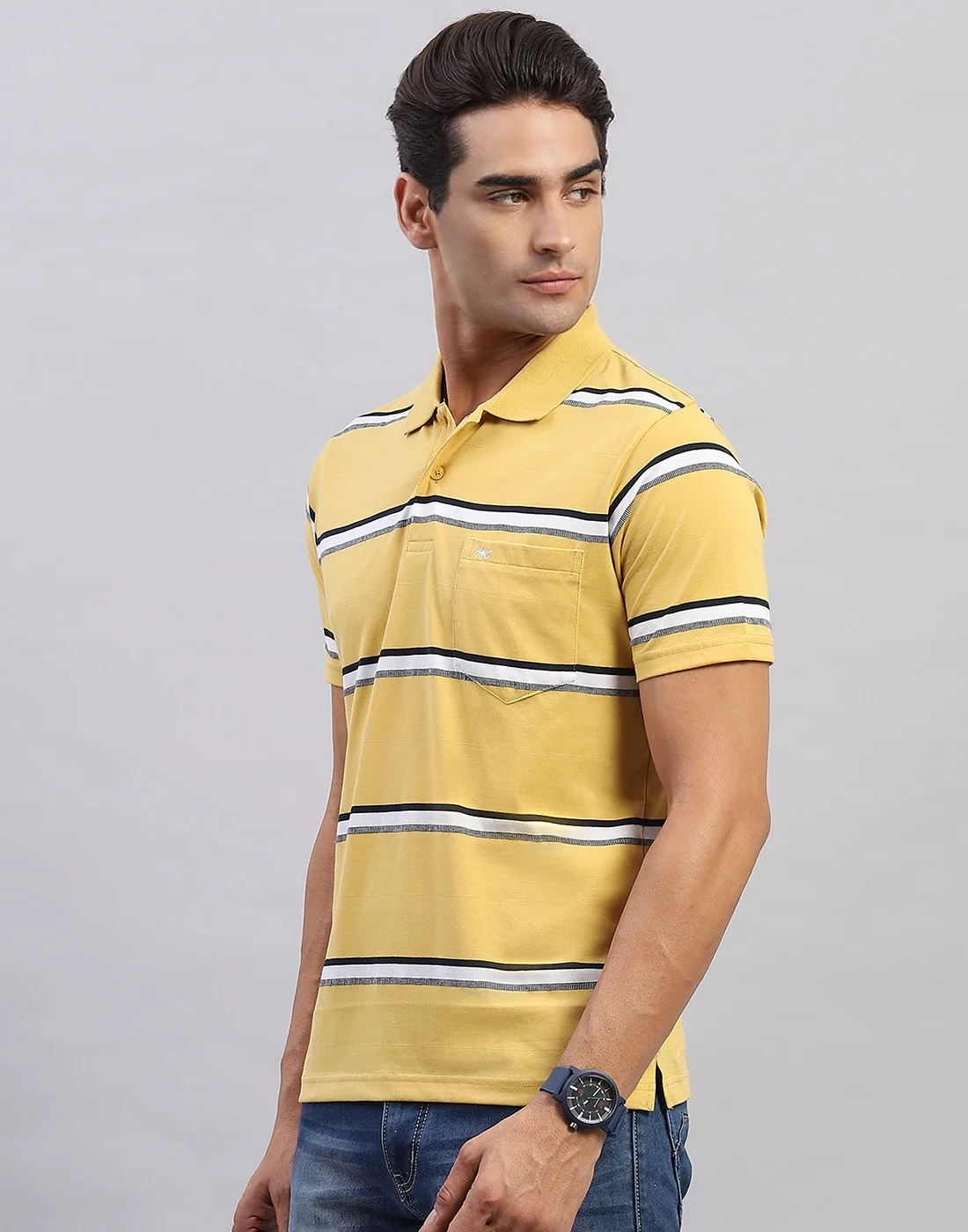 Men Yellow Stripe Polo Collar Half Sleeve T-Shirt - Image 3