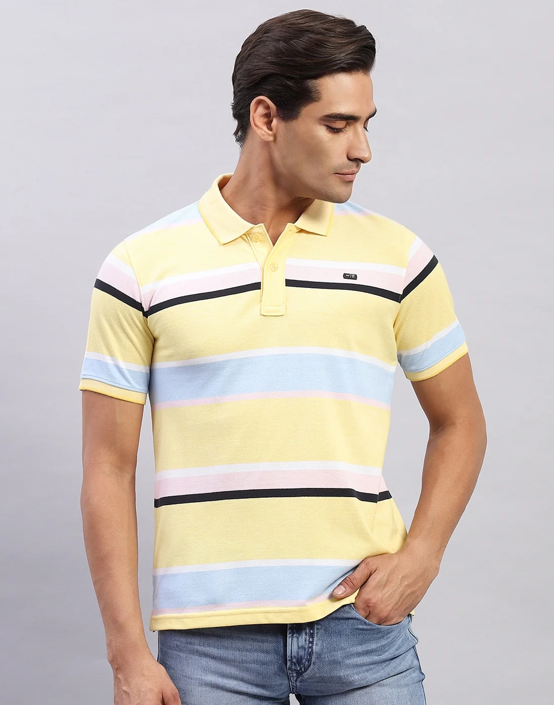 Men Yellow Stripe Polo Collar Half Sleeve T-Shirt - Image 2