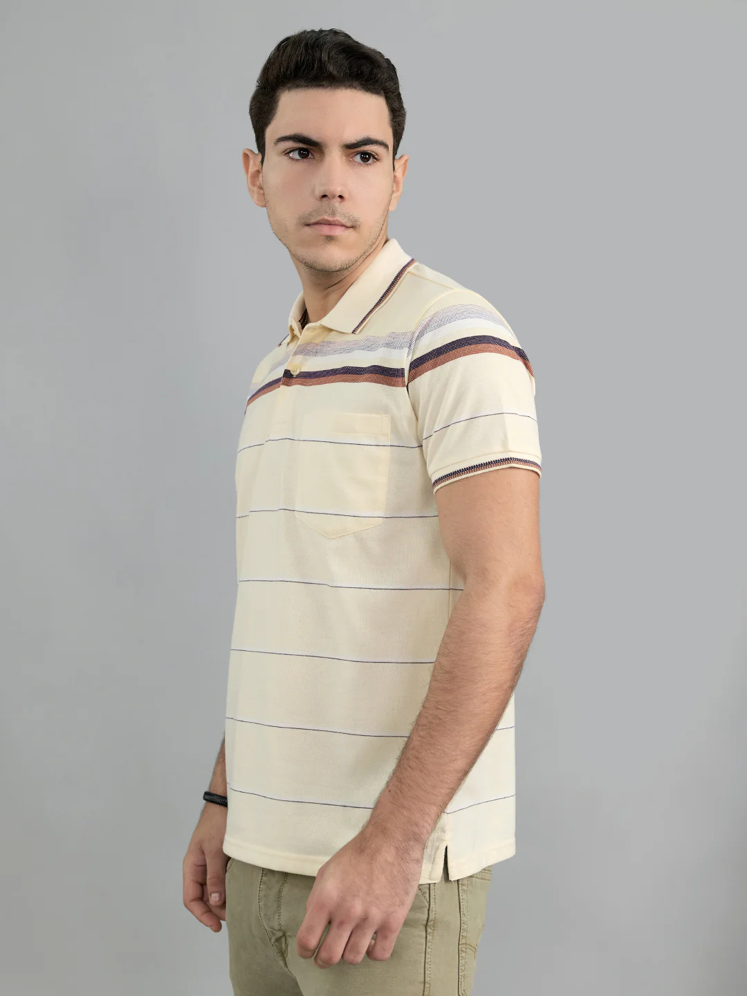 Men Yellow Stripe Polo Collar Half Sleeve T-Shirt - Image 2