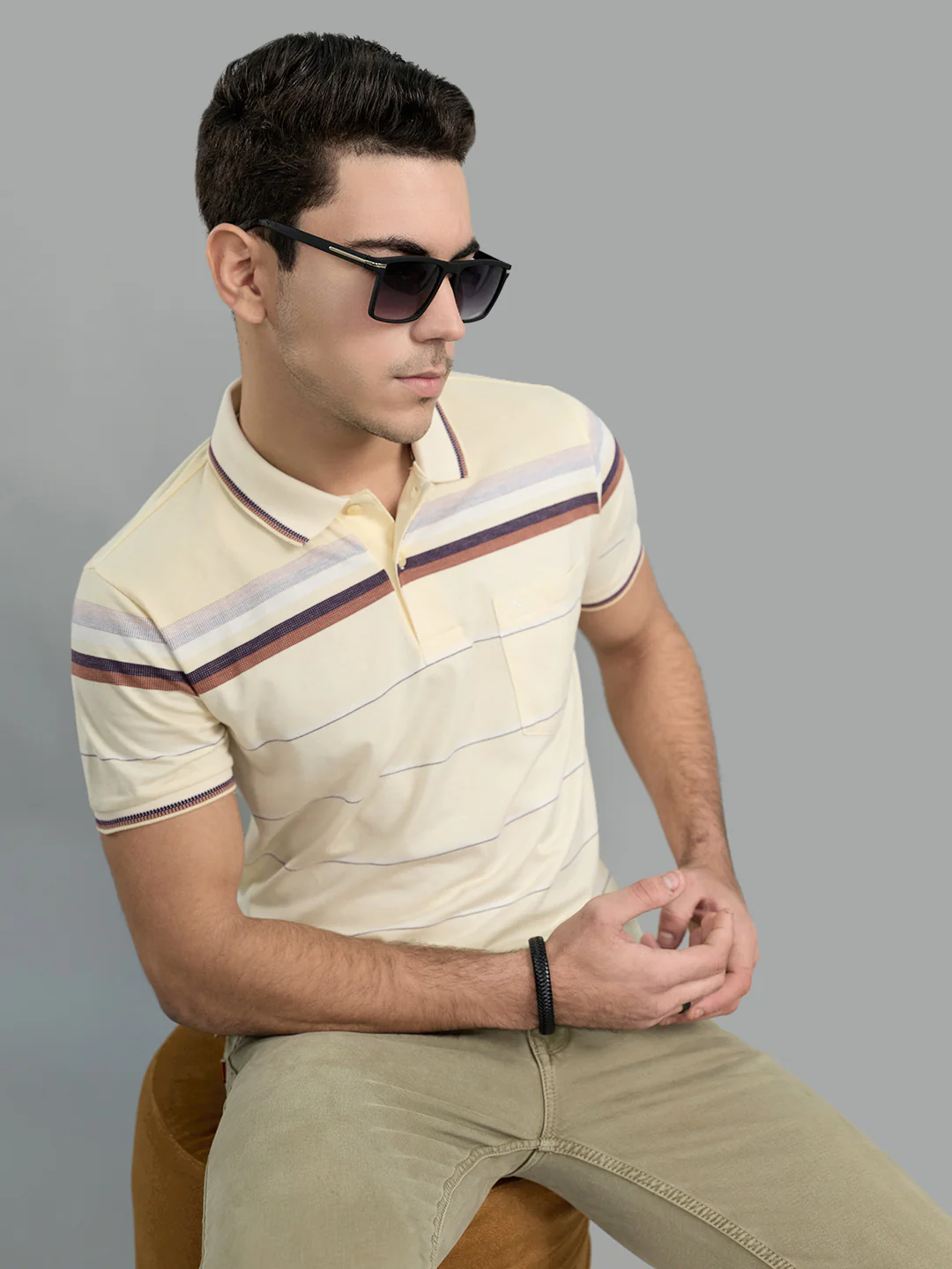 Men Yellow Stripe Polo Collar Half Sleeve T-Shirt - Image 8