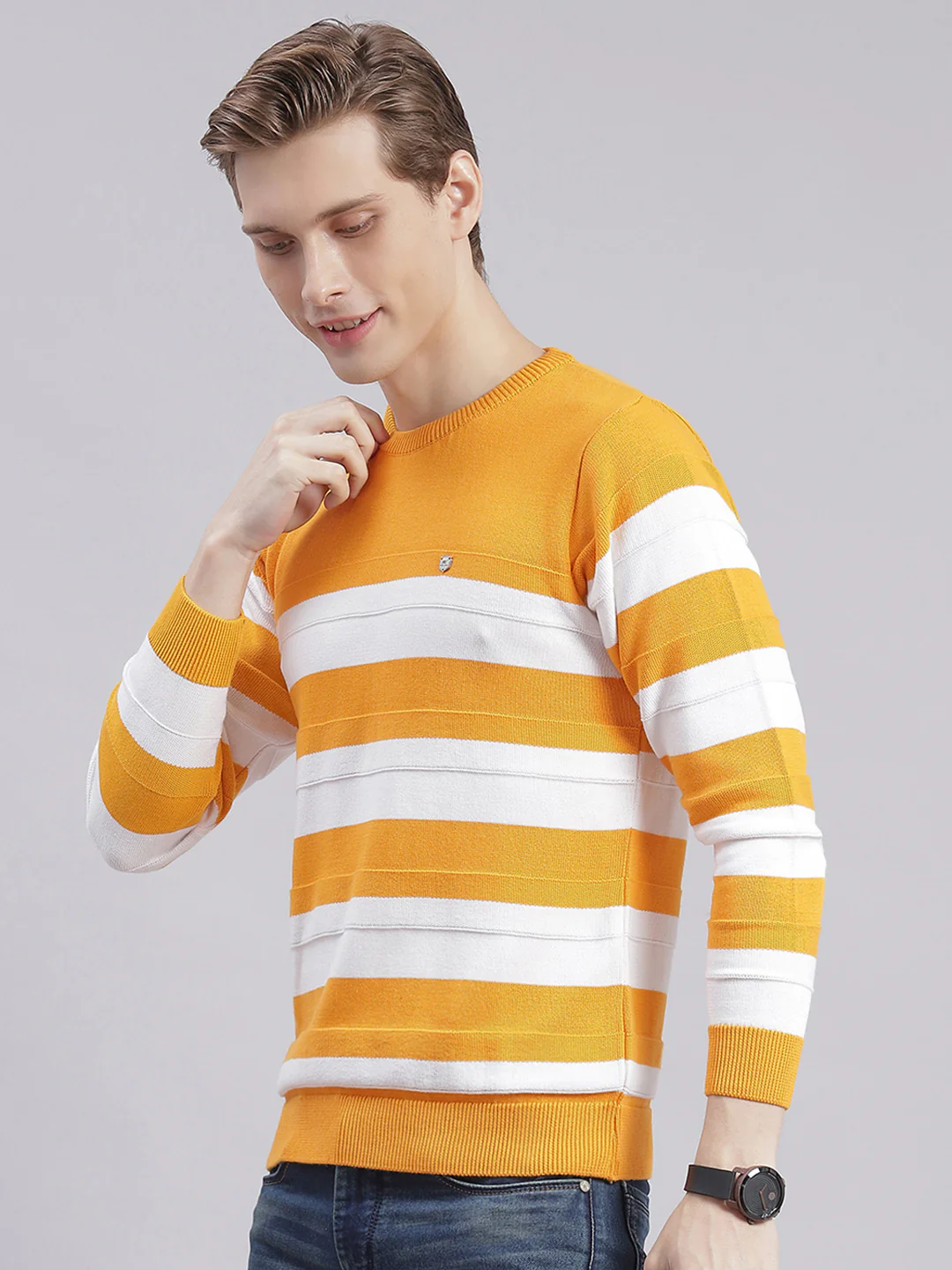 Men Yellow Stripe Round Neck Full Sleeve Sweaters/Pullovers - Image 4