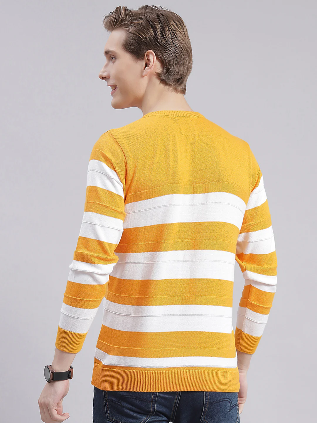 Men Yellow Stripe Round Neck Full Sleeve Sweaters/Pullovers - Image 6