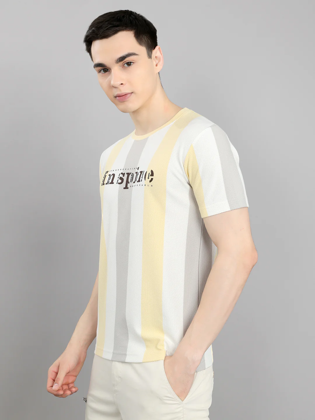 Men Yellow Stripe Round Neck Half Sleeve T-Shirt - Image 2