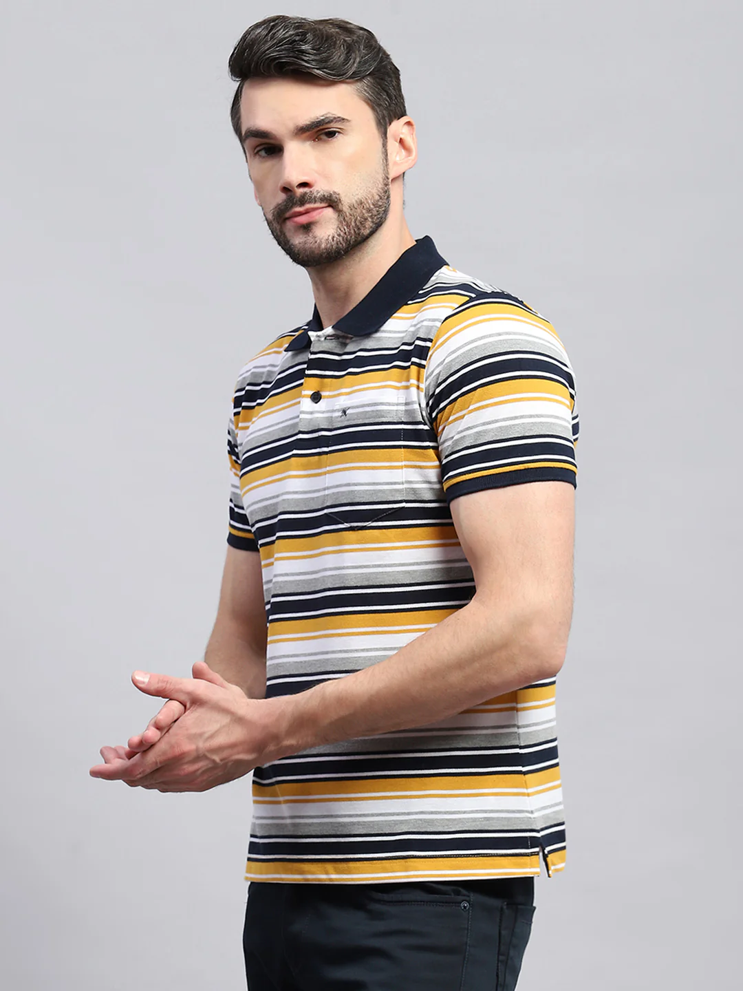 Men Yellow & White Stripe Collar Half Sleeve T-Shirt - Image 3