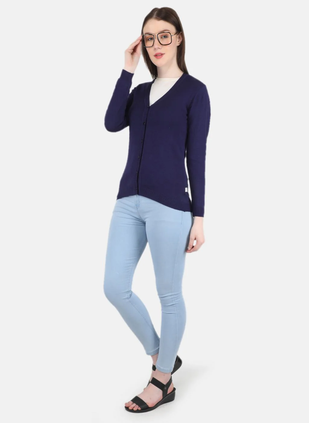 Women Blue Self Design Cardigan - Image 4