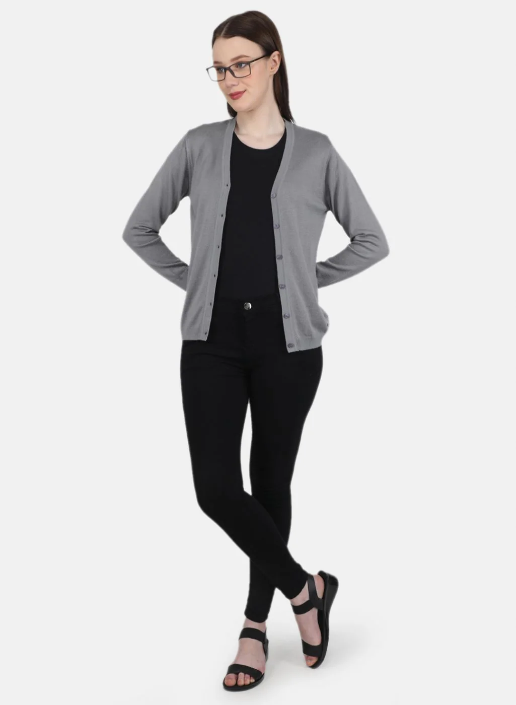 Women Grey Solid Cardigan - Image 4