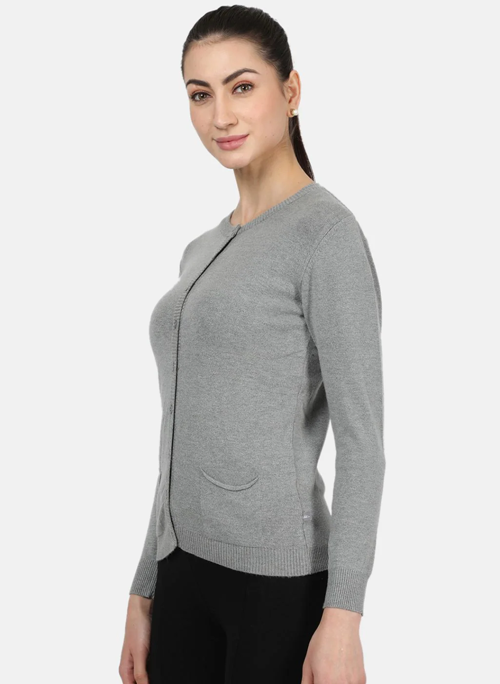 Women Grey Solid Cardigan - Image 2