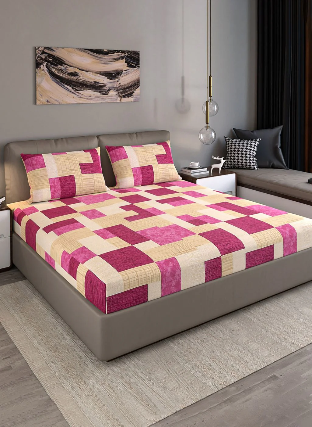 140TC Pure Cotton Queen Bedsheet with 2 Pillow Covers - Image 2