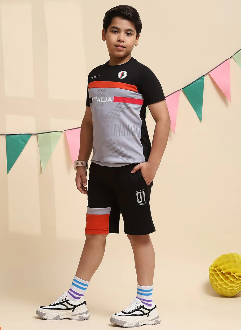 Boys Black & Rust Orange Printed Bermuda Set - Image 3