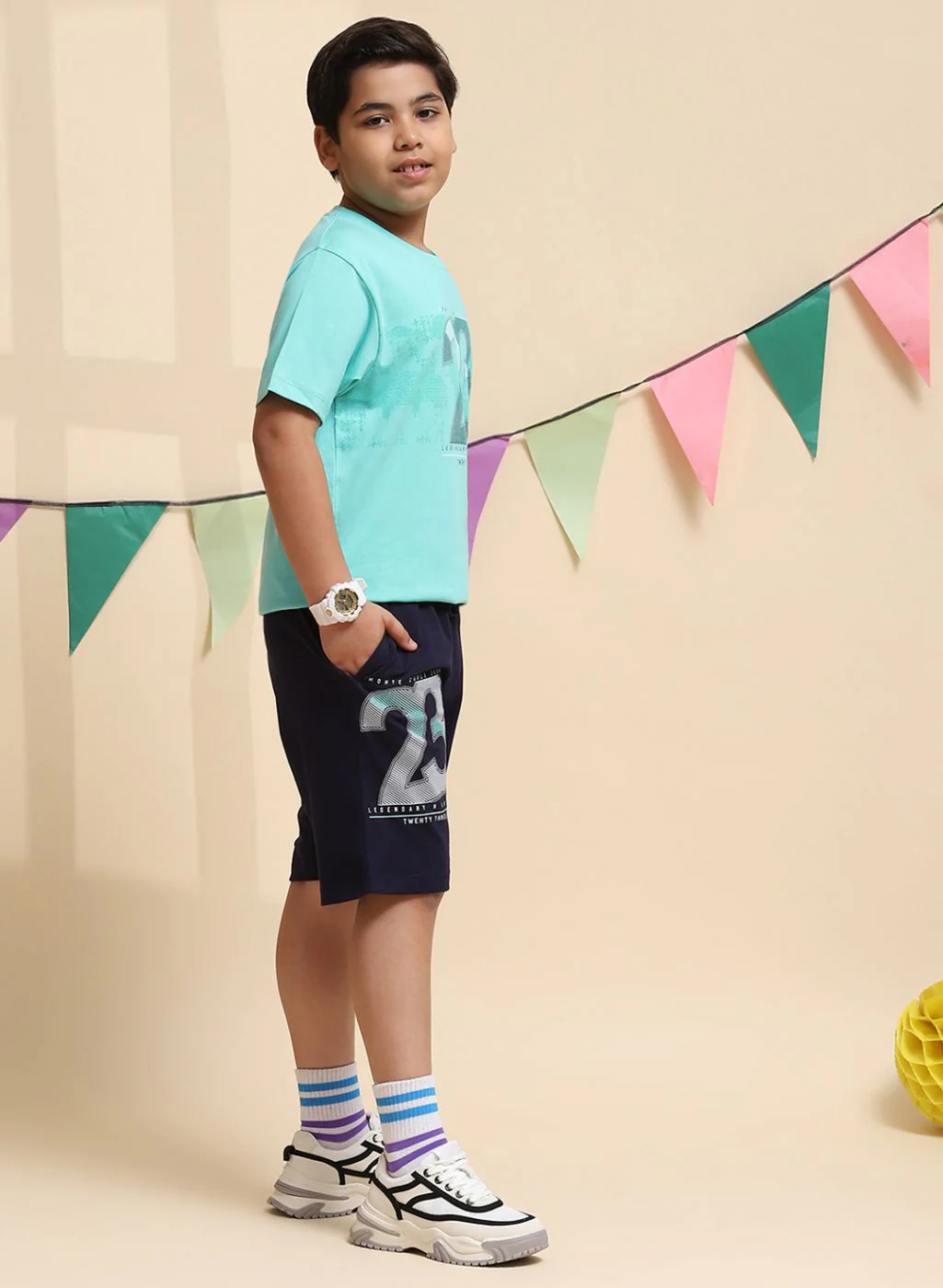 Boys Green & NAvy Blue Printed Bermuda Set - Image 4