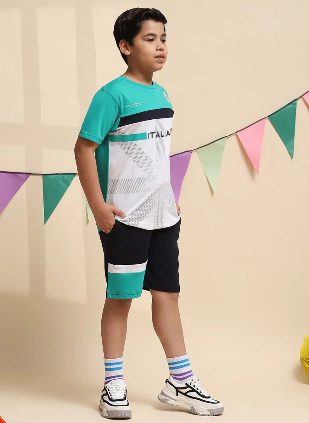 Boys Green & NAvy Blue Printed Bermuda Set - Image 4
