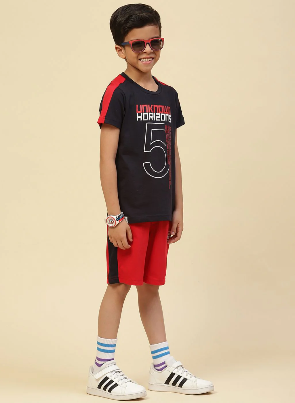 Boys NAvy Blue Printed Bermuda Set - Image 3