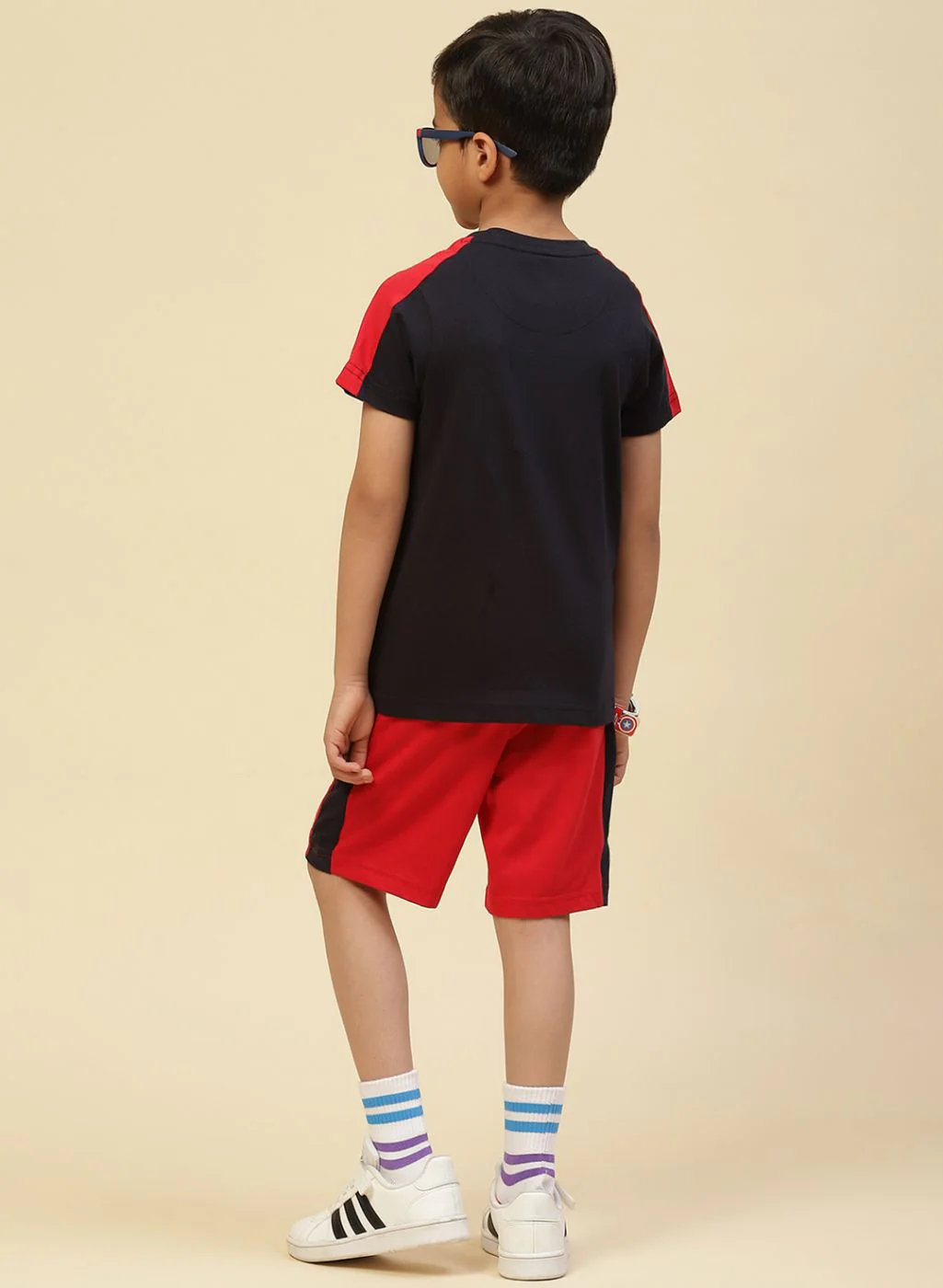 Boys NAvy Blue Printed Bermuda Set - Image 4