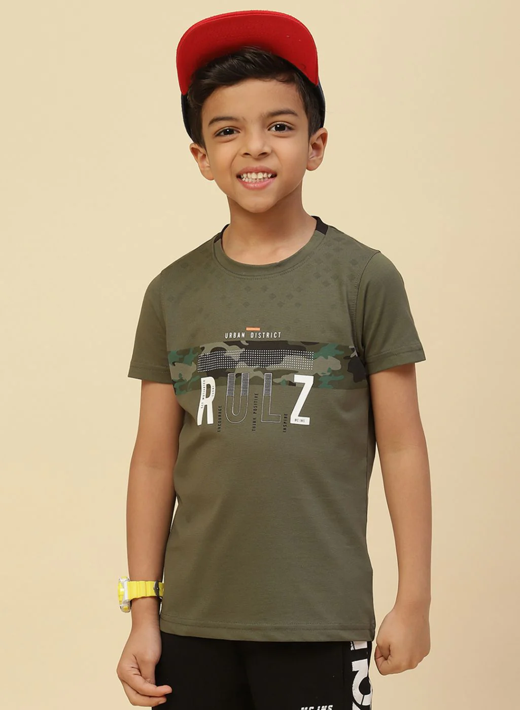 Boys Olive Printed T-Shirt