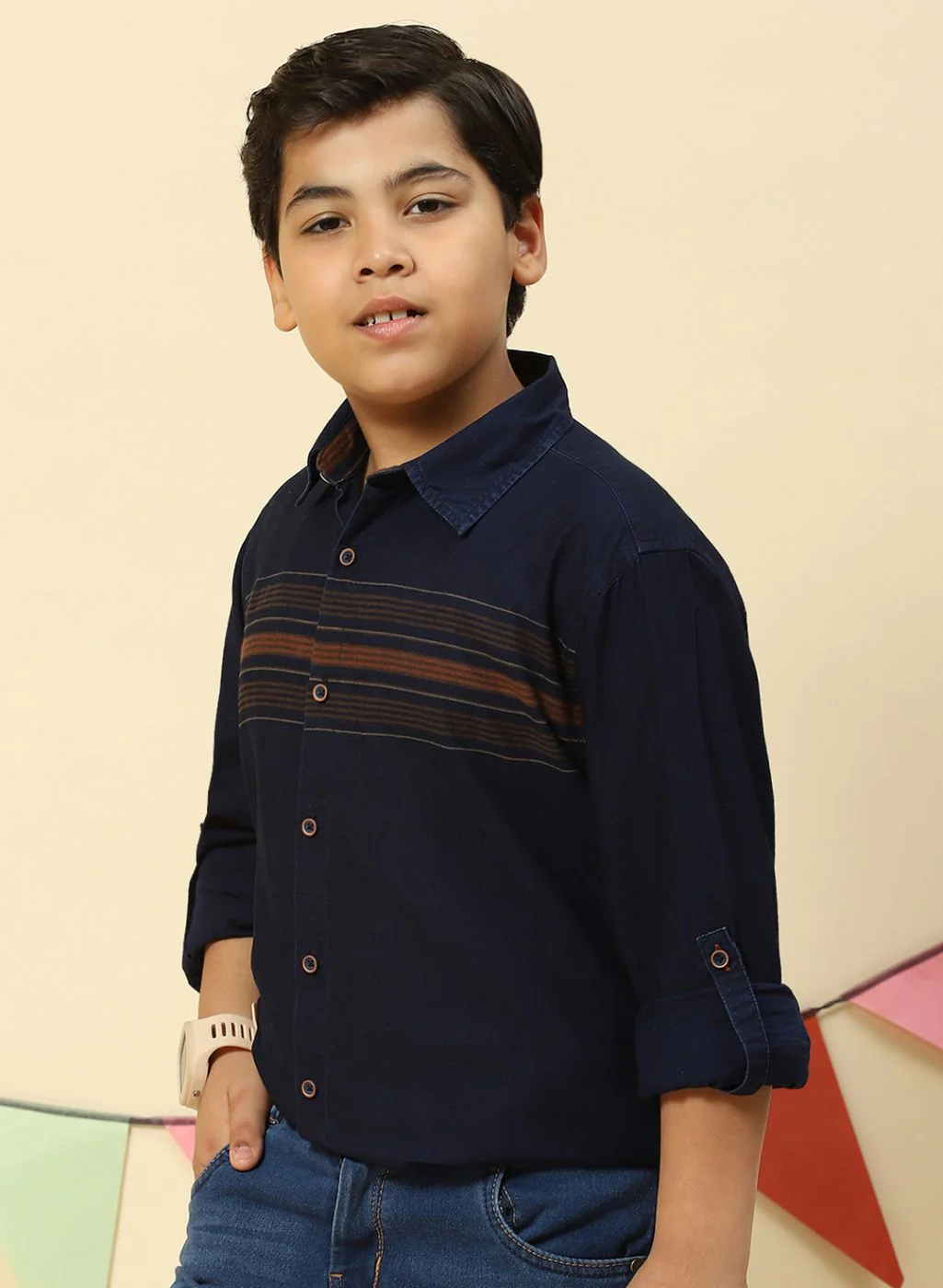 Boys Orange & NAvy Blue Stripe Shirt - Image 3