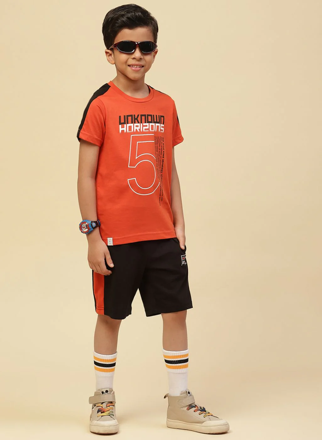 Boys Orange Printed Bermuda Set - Image 3