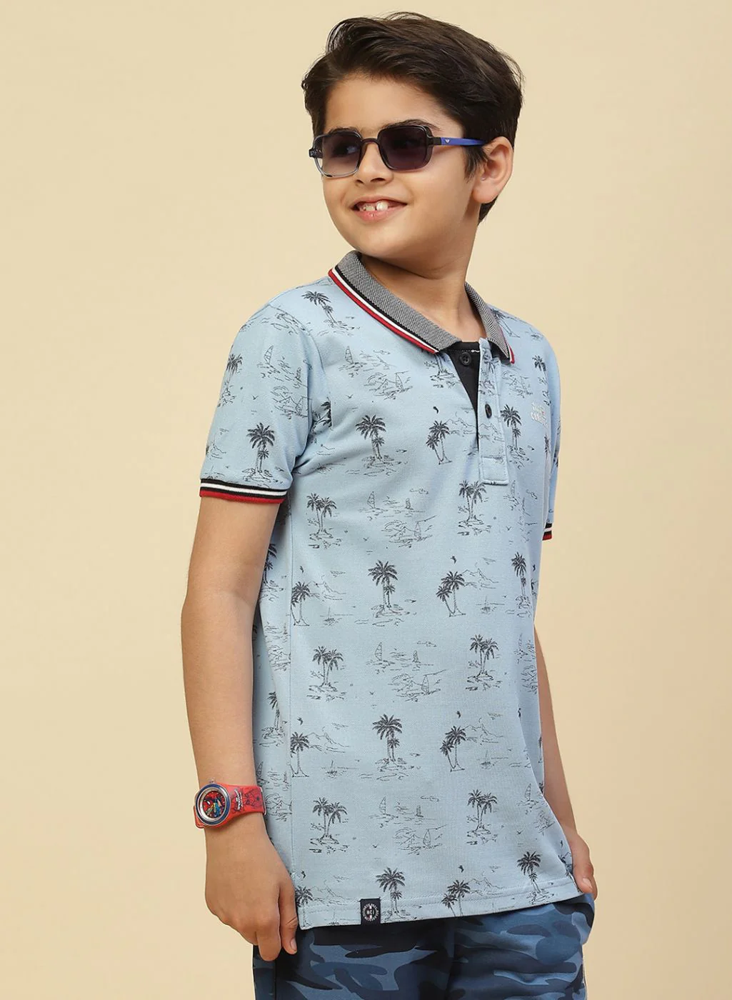 Boys Sky Blue Printed T-Shirt - Image 4