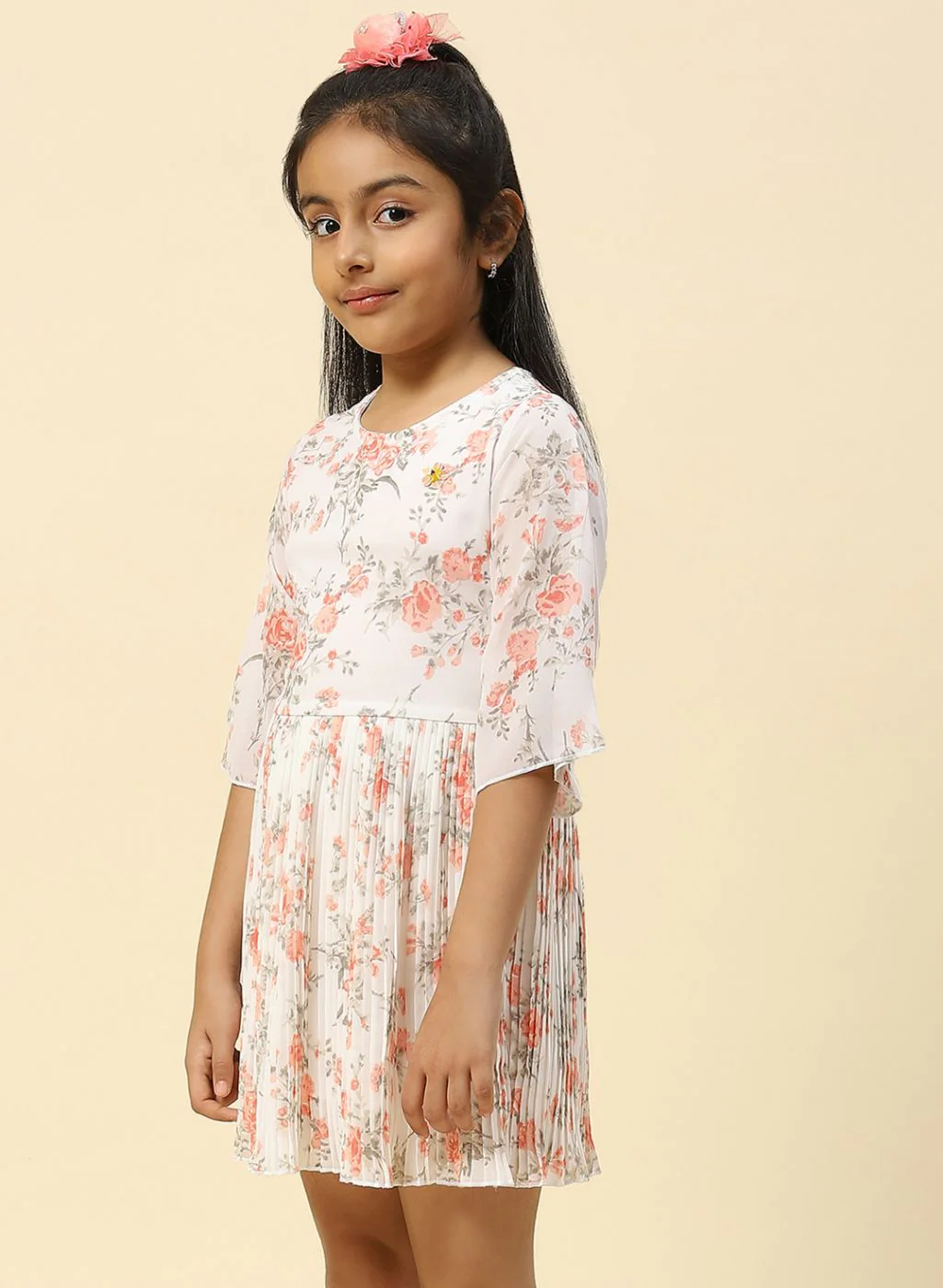 Girls Coral Pink Printed Dress - Image 3