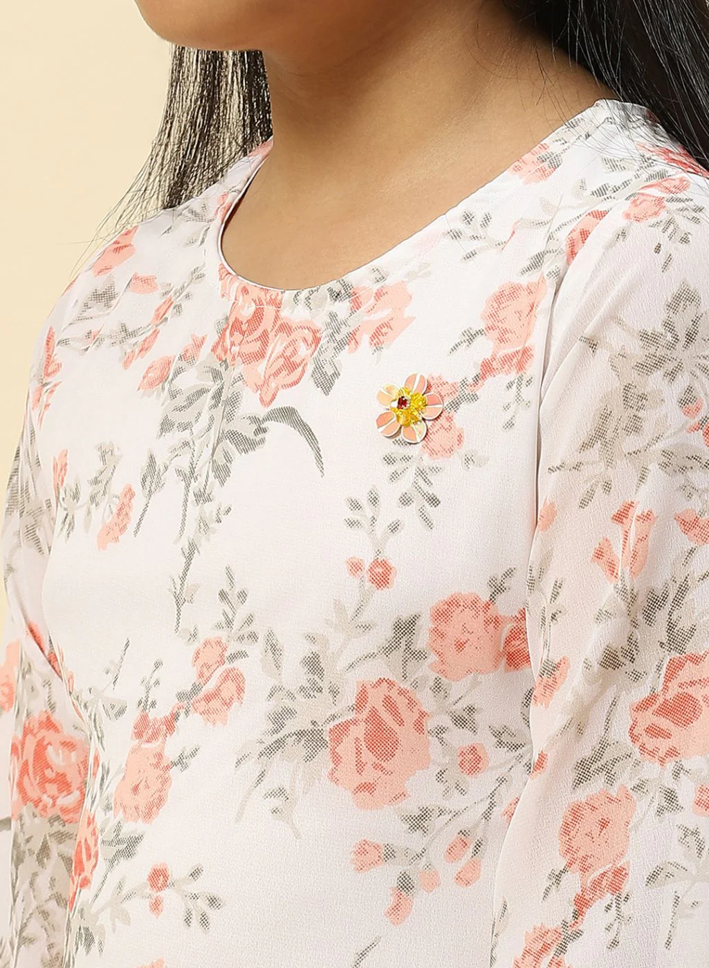 Girls Coral Pink Printed Dress - Image 6