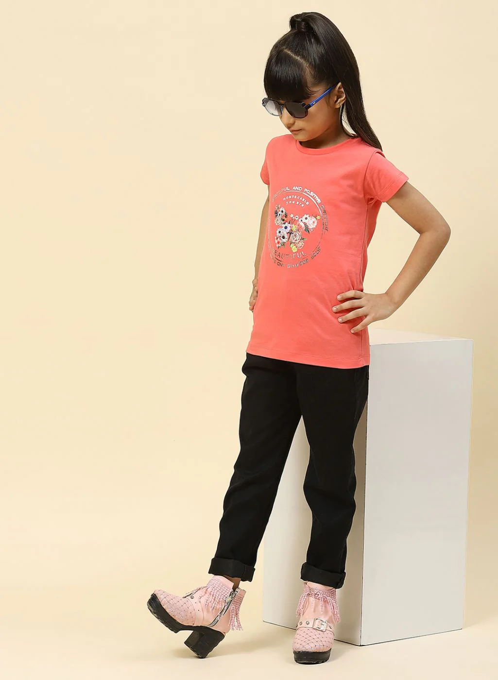 Girls Coral Pink Printed Top - Image 2