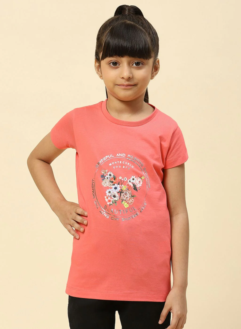 Girls Coral Pink Printed Top - Image 3