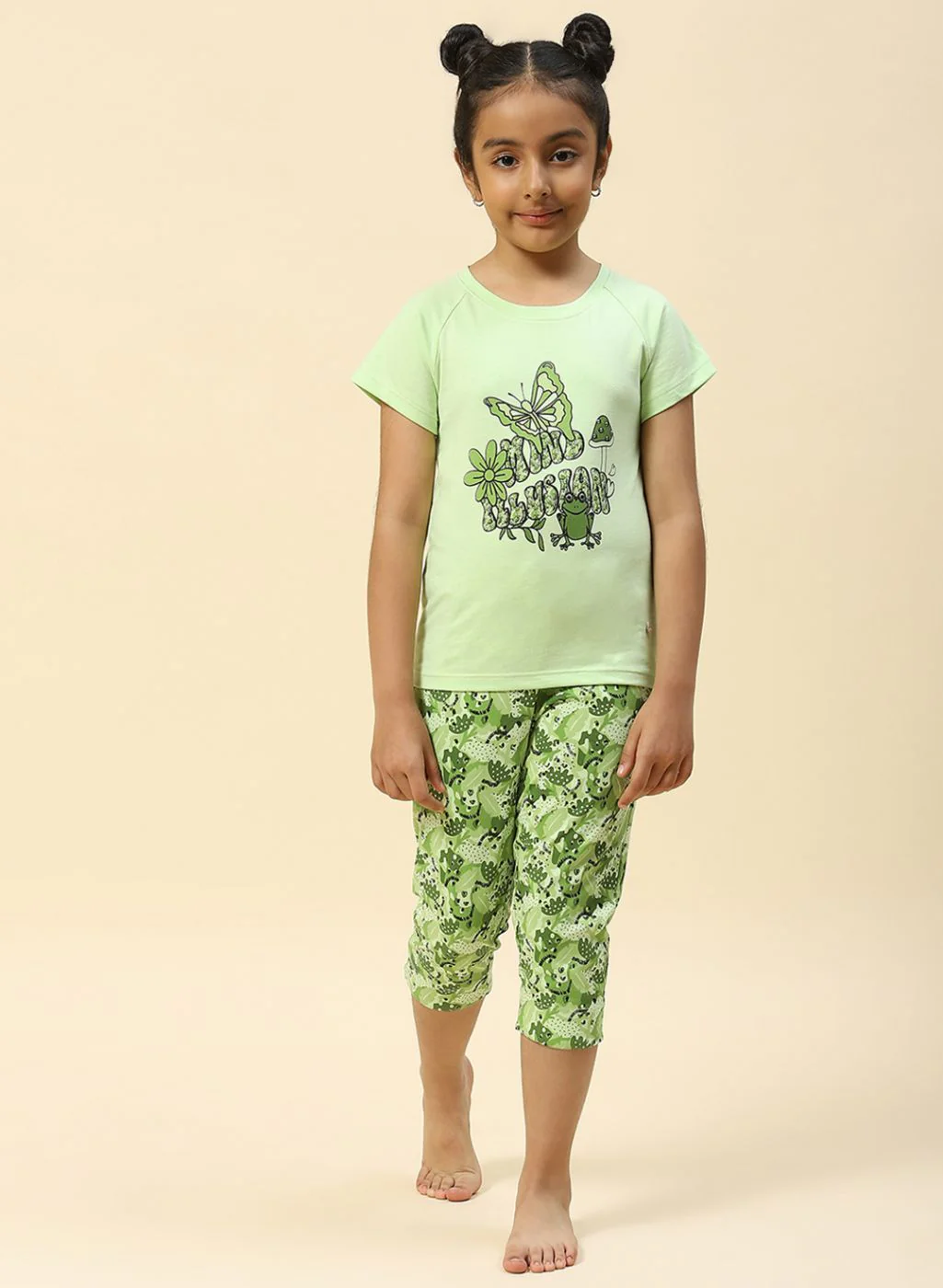 Girls Green Printed Capri Set - Image 2