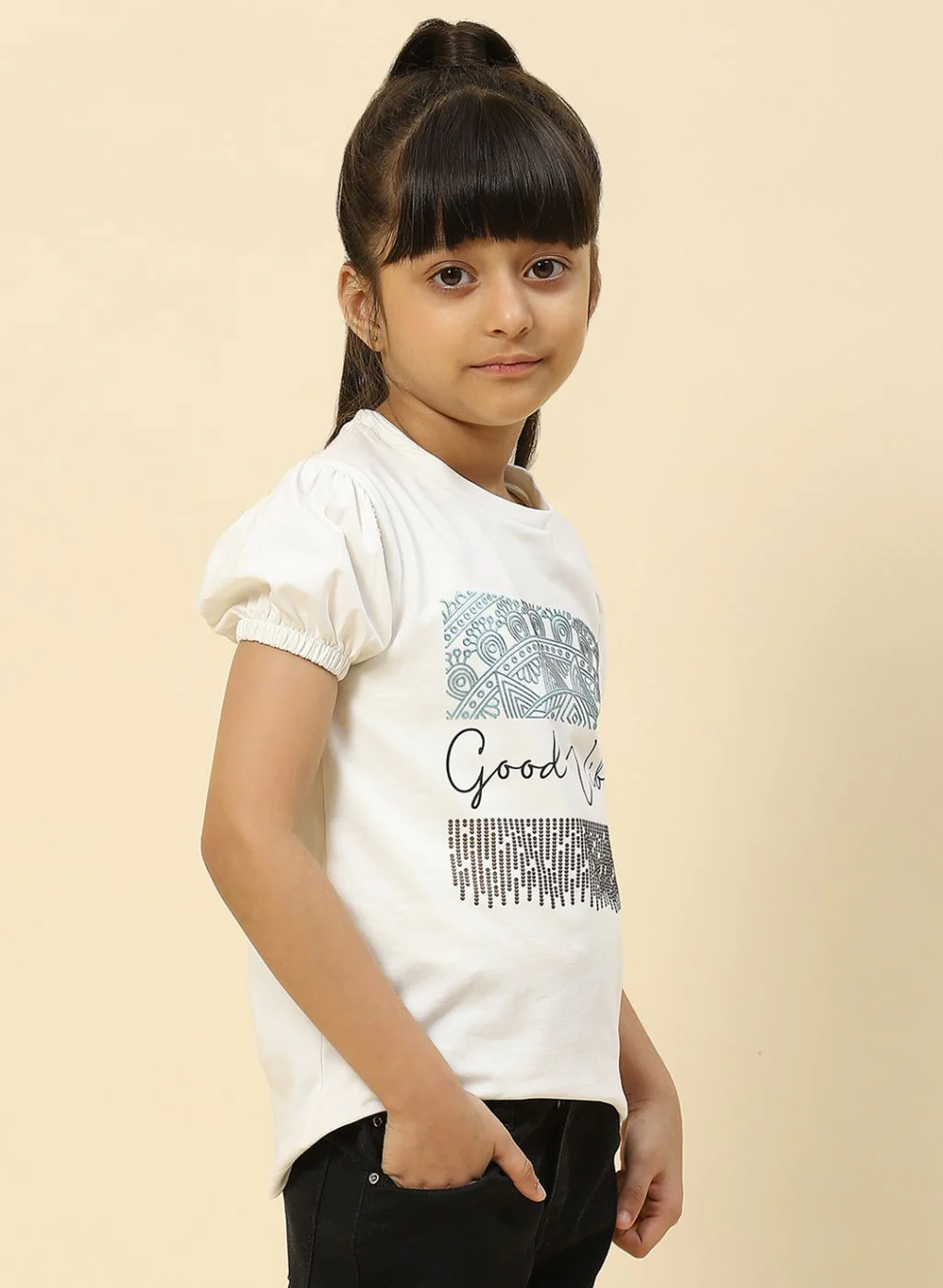 Girls Off White Printed Top - Image 4
