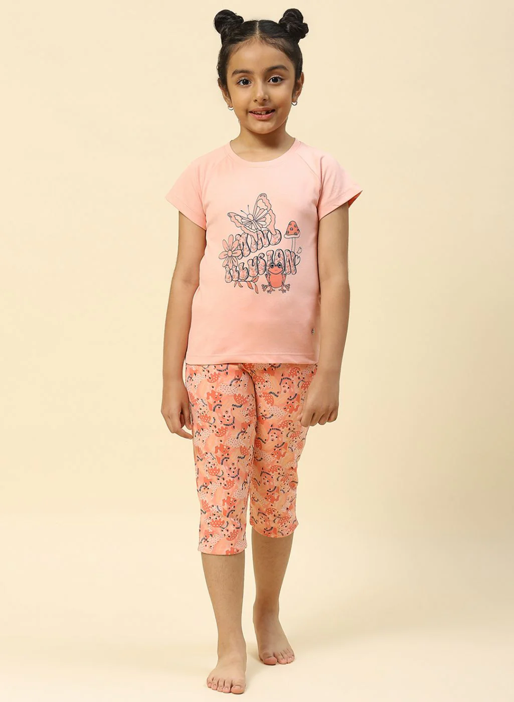 Girls Peach Printed Capri Set - Image 2