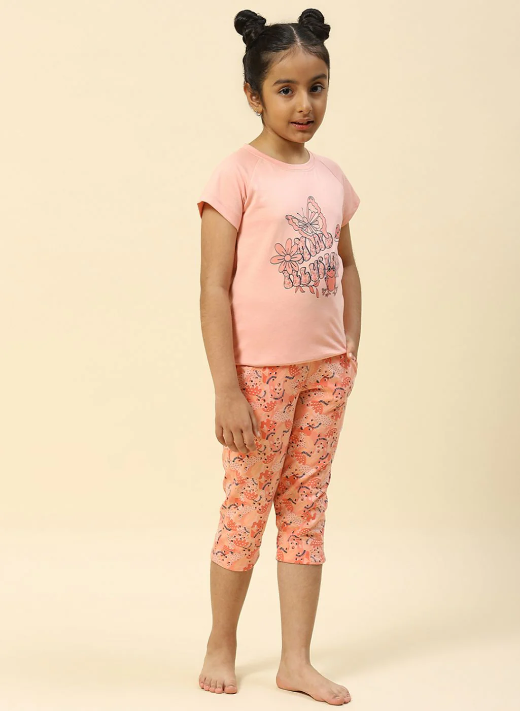 Girls Peach Printed Capri Set - Image 4