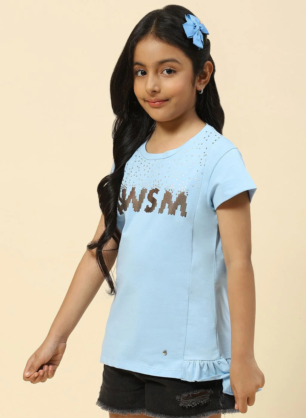 Girls Sky Blue Printed Top - Image 3