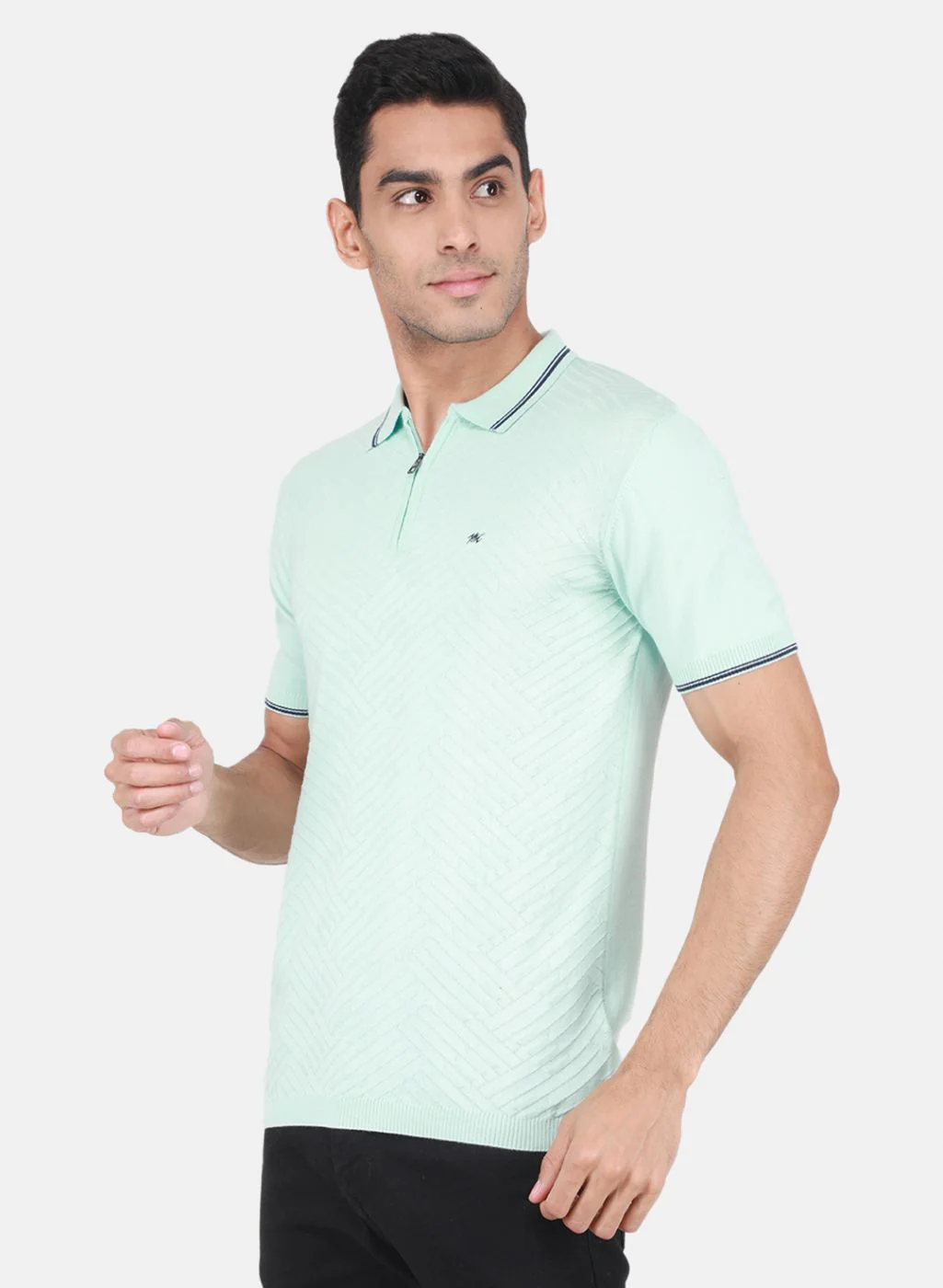 Men Aqua Blue Self Design T-Shirt - Image 2