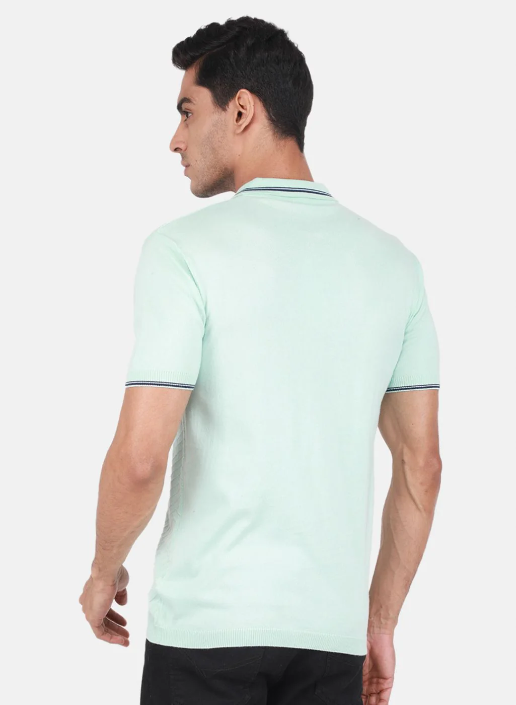 Men Aqua Blue Self Design T-Shirt - Image 3