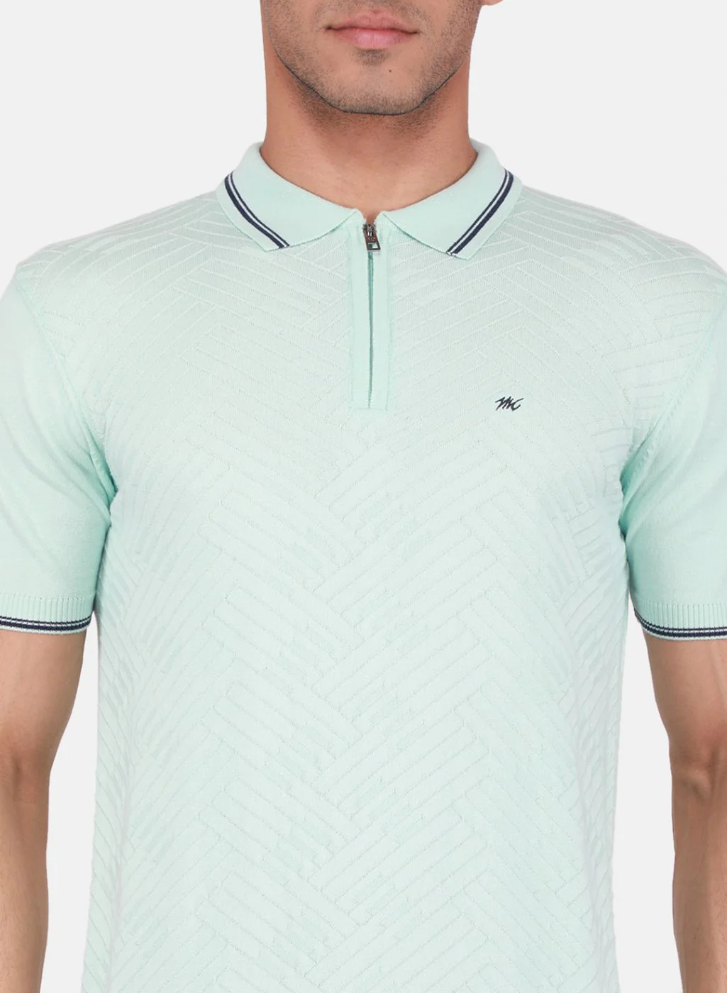 Men Aqua Blue Self Design T-Shirt - Image 5