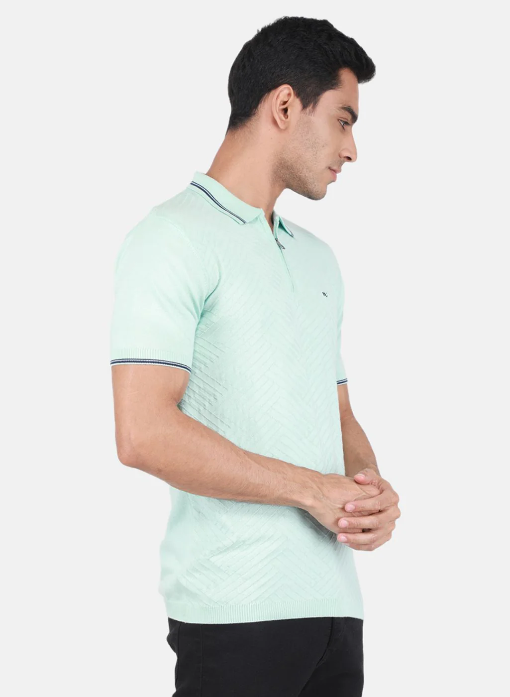 Men Aqua Blue Self Design T-Shirt - Image 6